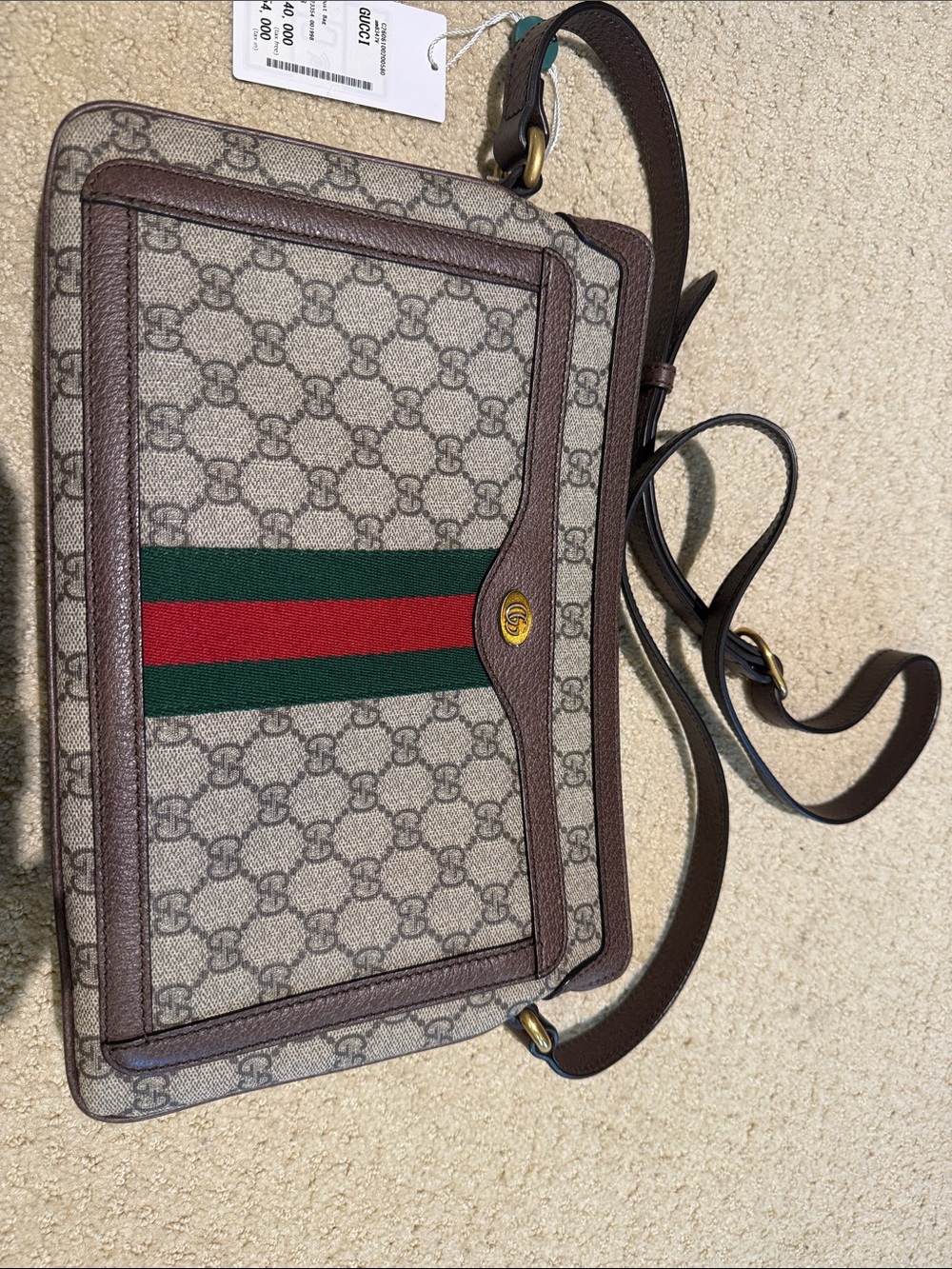 Gucci Beige GG Canvas crossbody bag with Green-Red Web Stripe